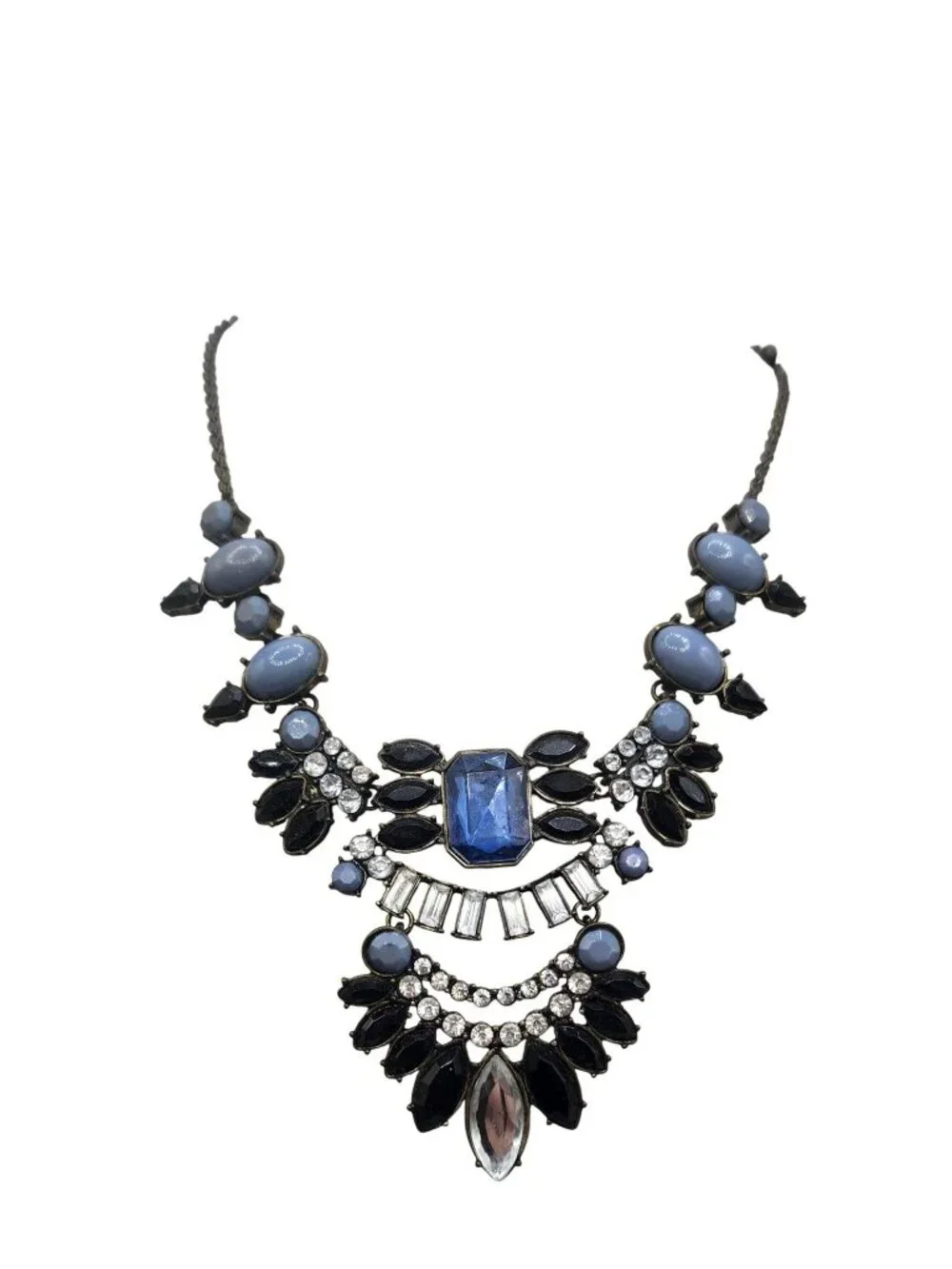 Statement Necklace With Blue & Black Rhinestones & Chain Design